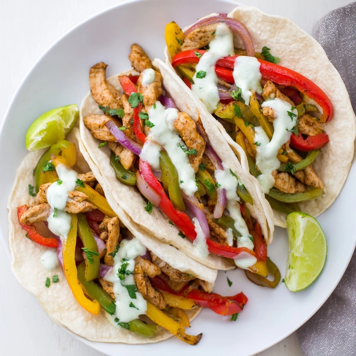 Golden Chicken Fajitas with Lime Crema dripping attractively from warm, soft tortillas.
