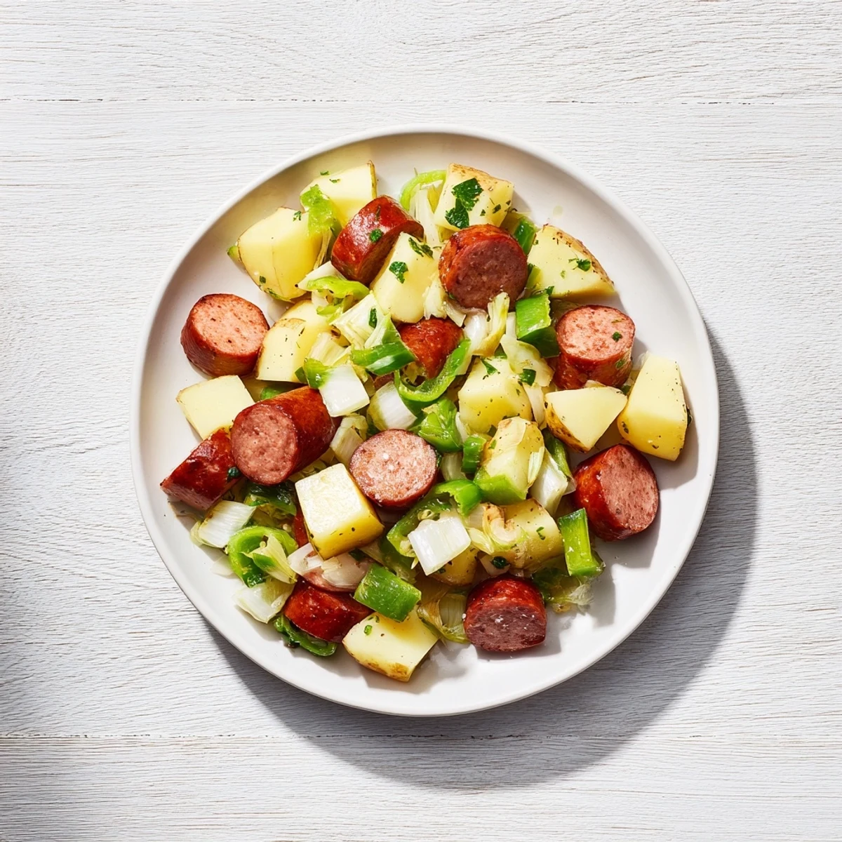 Rustic Flint-Style Kielbasa and Cabbage Hash, a skillet full of browned kielbasa, potatoes, and cabbage.