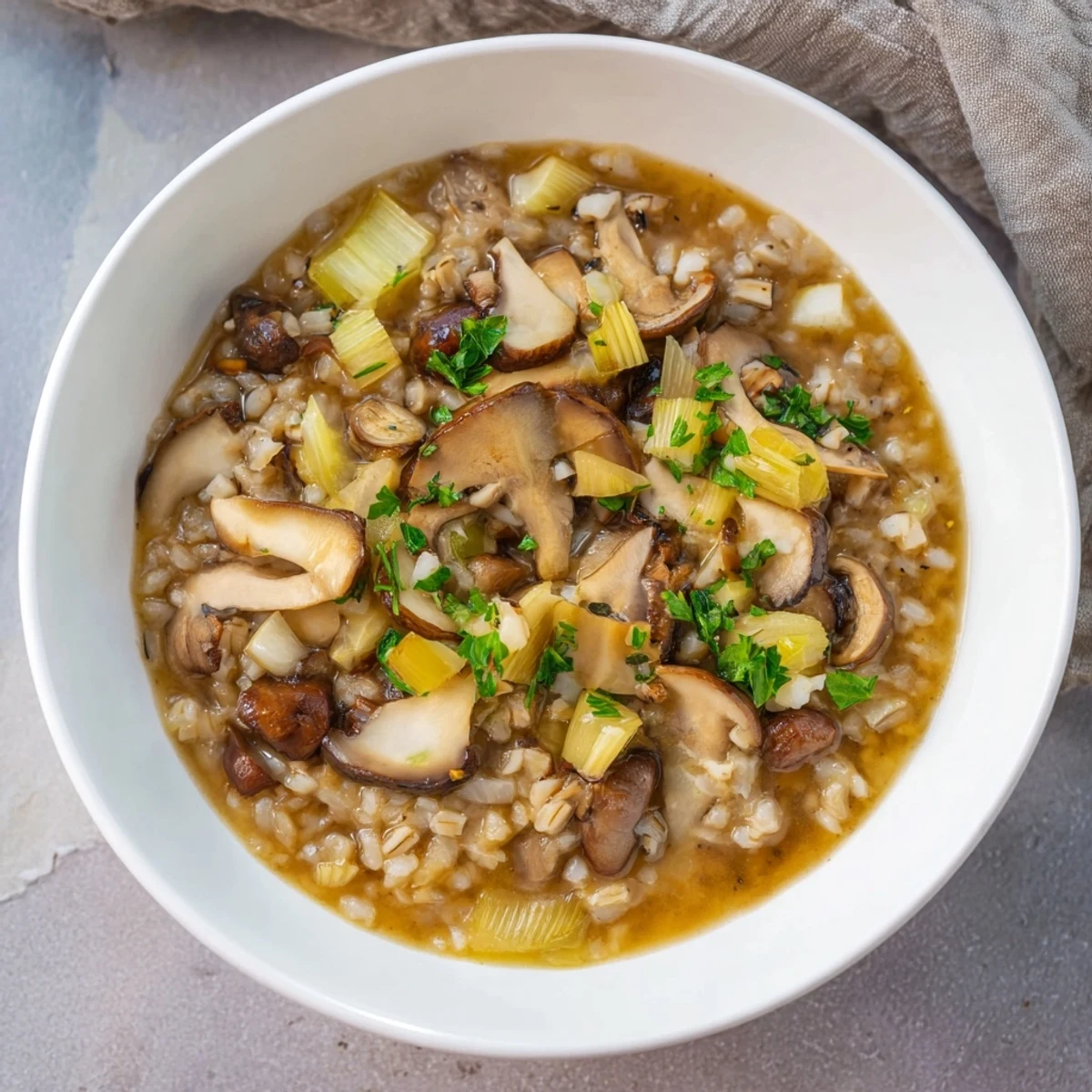 A close-up view of creamy Wild Mushroom and Barley Soup, showing tender barley and earthy flavors.