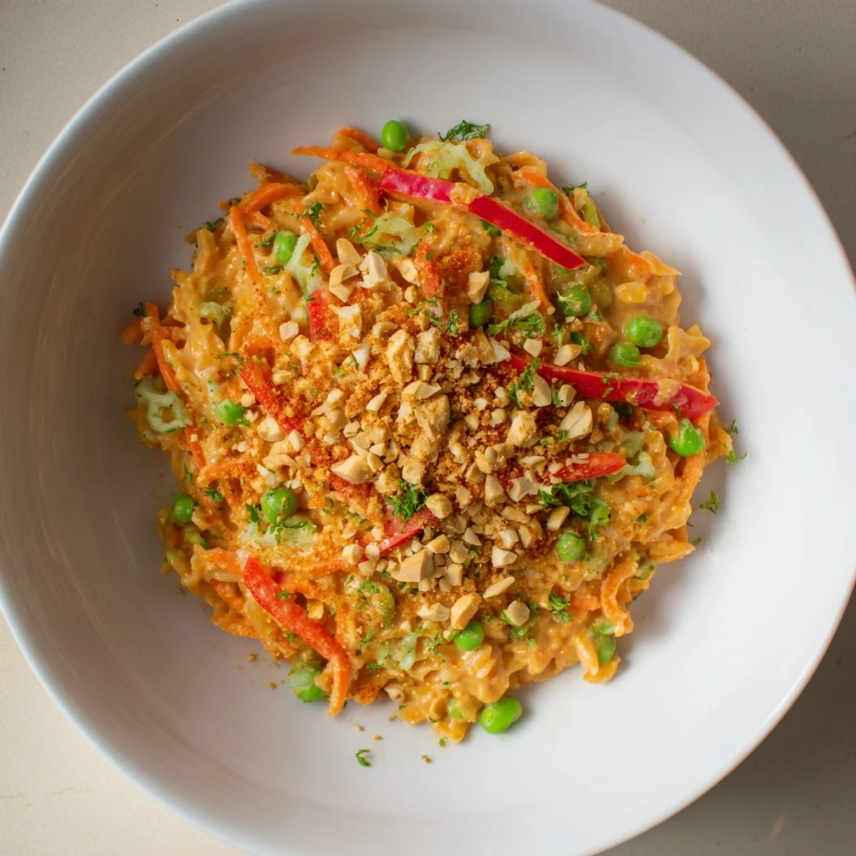 Vibrant Spicy Peanut Noodle Salad, featuring rice noodles and fresh herbs, ready to serve.