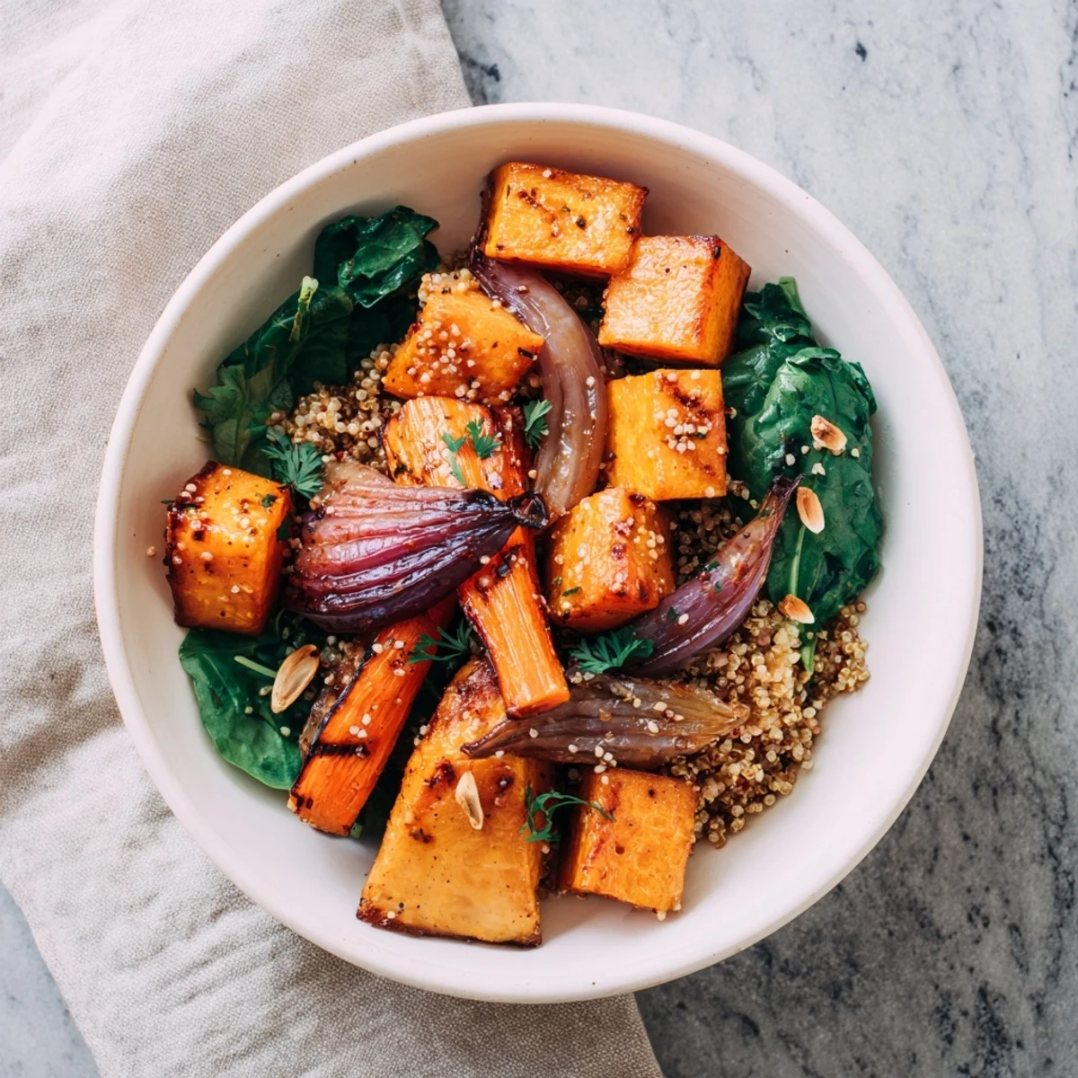 A beautifully plated Warm Herb Bowl with roasted vegetables and fresh herbs, a vegetarian delight.