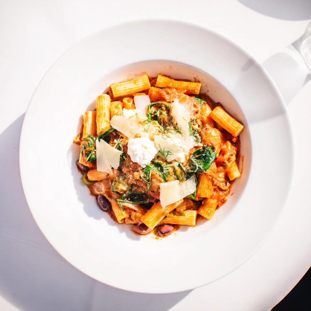 Golden, bubbly Olive-Warm Baked Ziti with cheese topping, ready to serve with a rich tomato sauce.