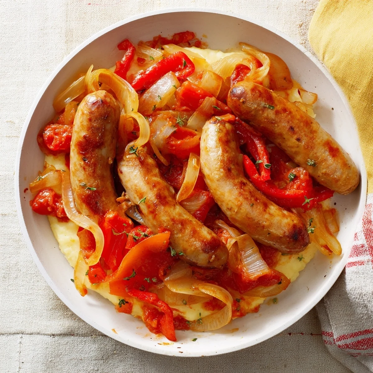 Sizzling Herb-Cozy Skillet Sausage and Peppers atop a bed of creamy, golden polenta, ready to serve.