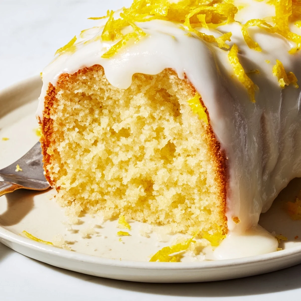 A golden, moist Lemon Loaf Cake with a thick, sugary lemon icing drizzle.
