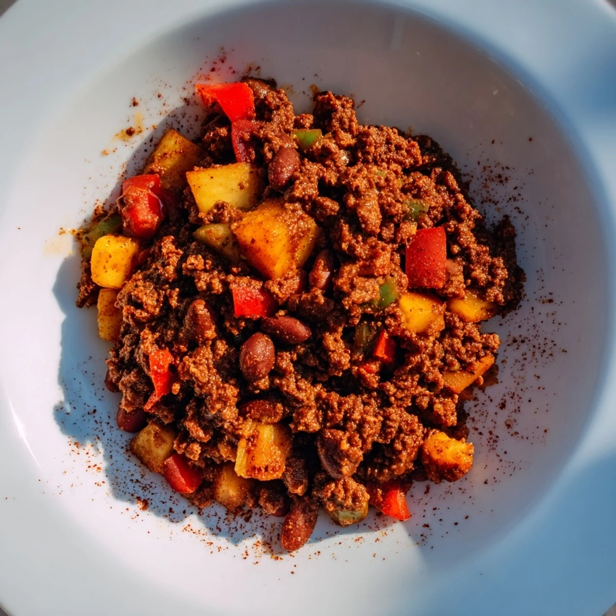 Savory One-Pot Cozy Chocolate Chili, garnished with sour cream, showcasing its hearty, flavorful texture.