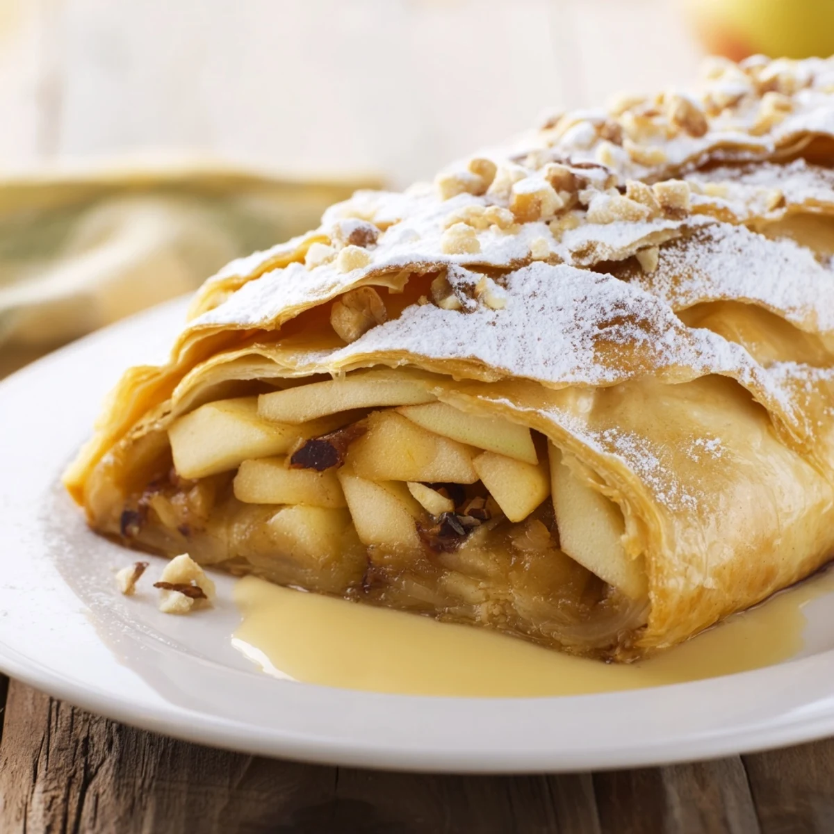 Golden, flaky Apple Strudel freshly baked and dusted with powdered sugar, ready to serve.