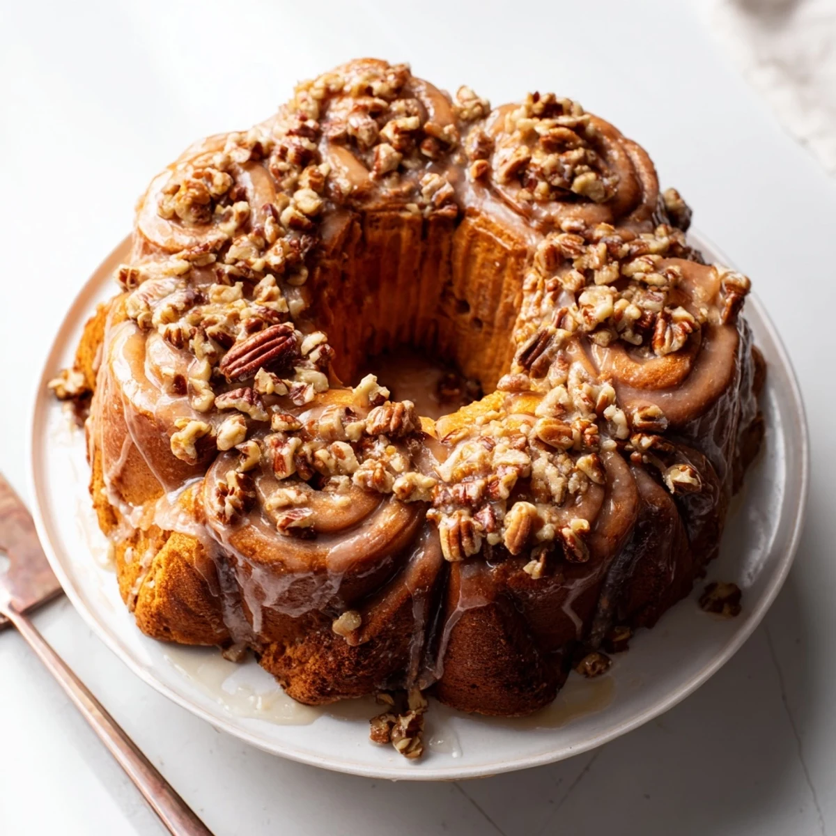 Golden-brown Maple Pecan Sticky Buns glistening with maple glaze, a warm breakfast treat awaiting.
