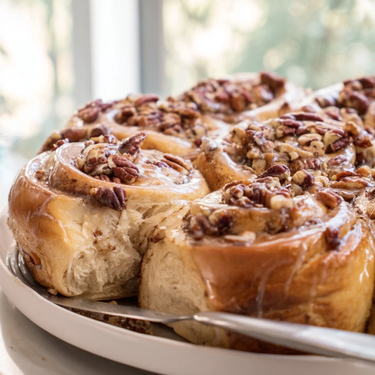 Warm and gooey Maple Pecan Sticky Buns, with chopped pecans and rich maple syrup drizzle.