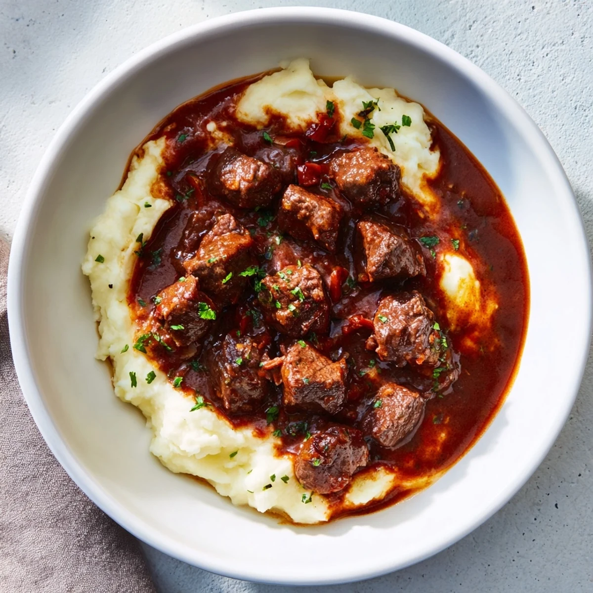 A close-up of a rich, red Hungarian Goulash, with fork-tender beef and a side of noodles.