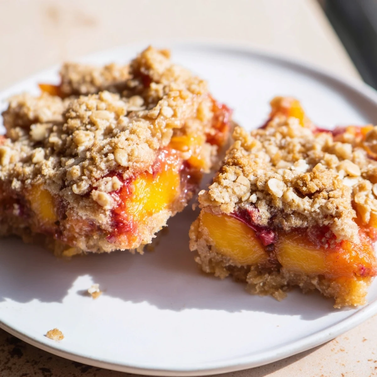 Golden-brown Peach and Ginger Crumble, bubbling hot and ready, perfect for dessert tonight.