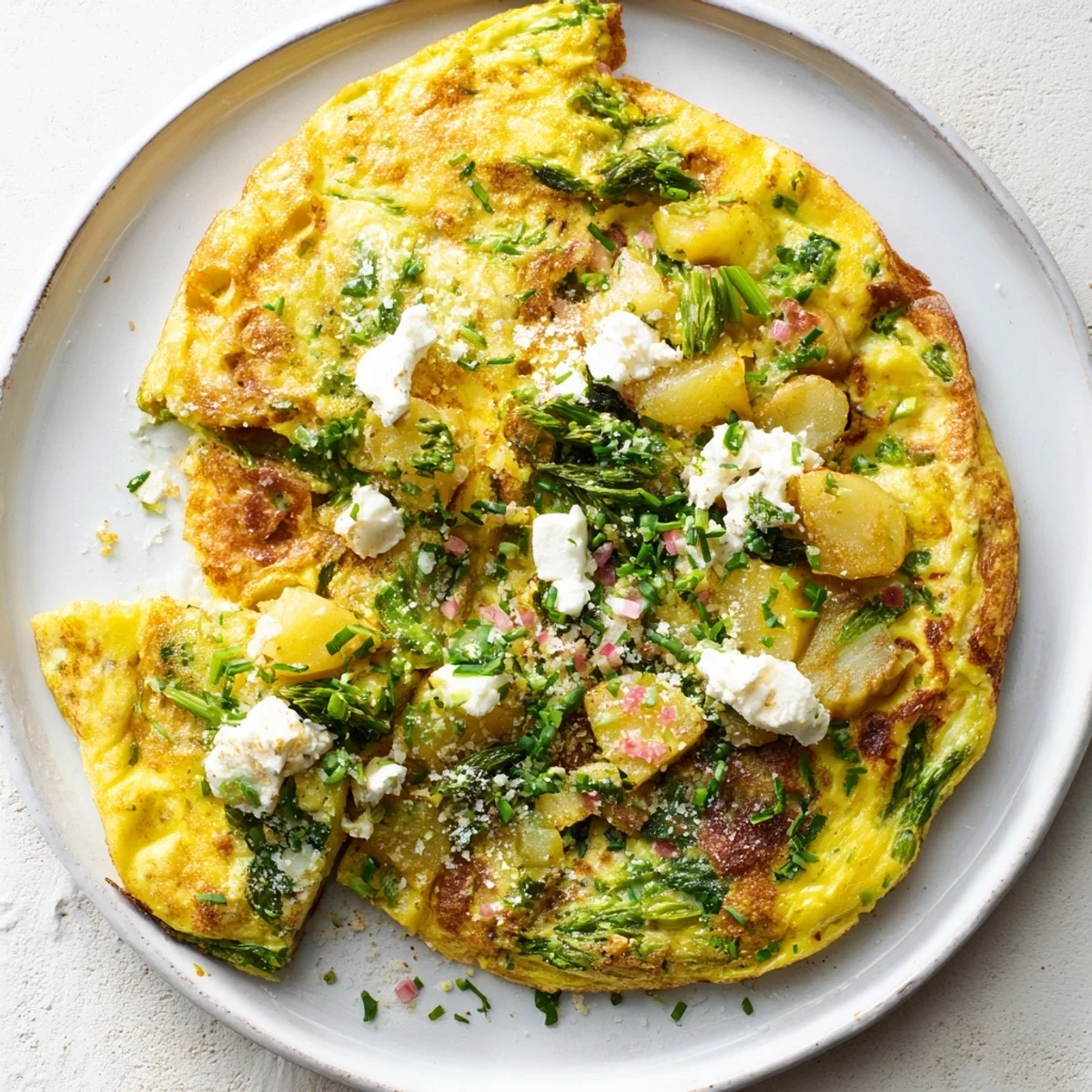 Golden, fluffy Meadow-Soft Cozy Plate: Frittata with Spring Greens, featuring creamy goat cheese.