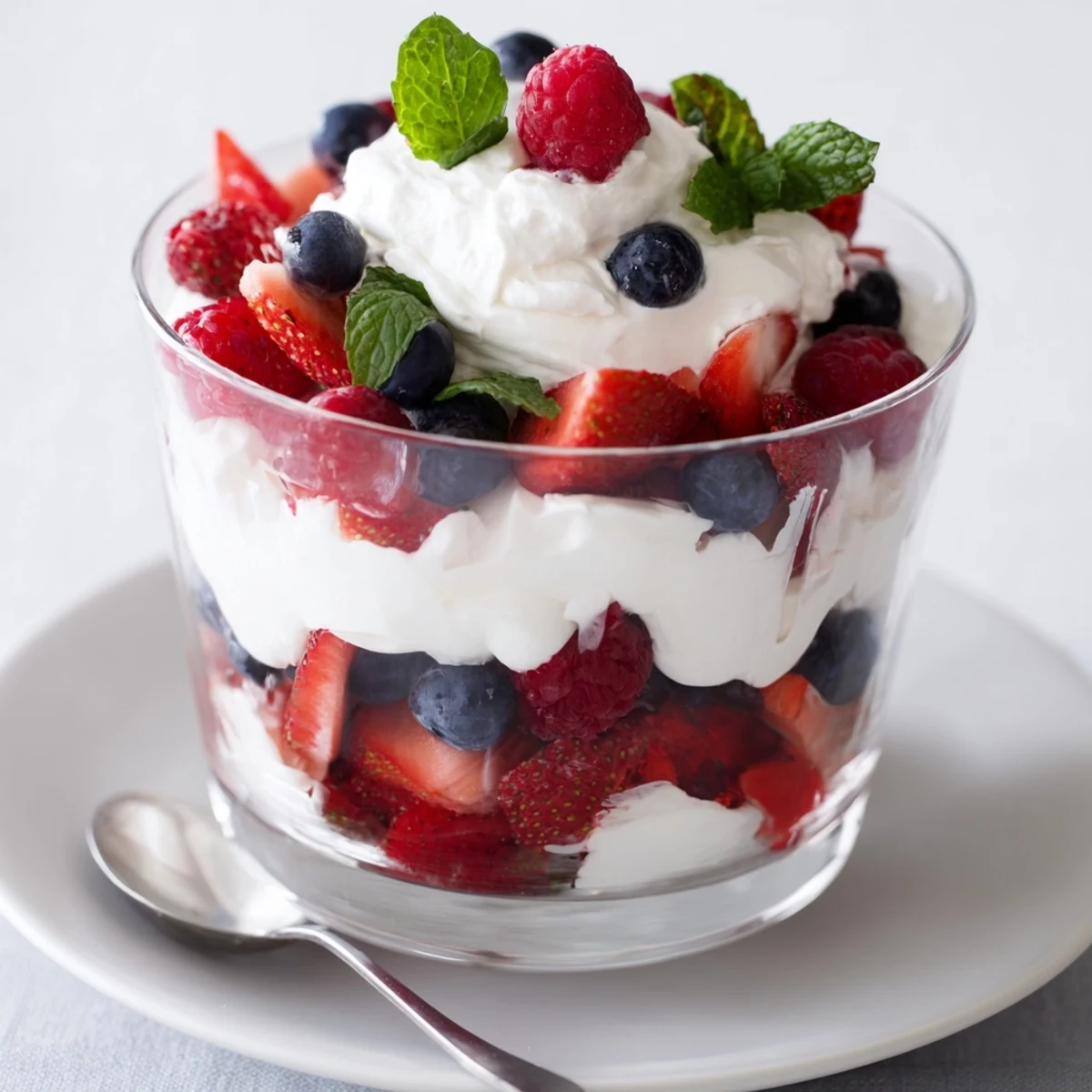 Sweet and simple, this Berry Parfait shows off colorful berries between clouds of whipped cream.