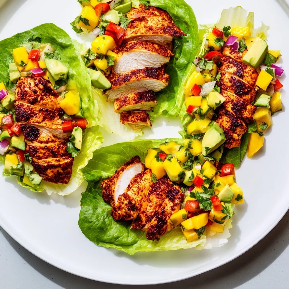 Flavorful Chicken and Mango Salsa Lettuce Wraps showcase grilled chicken, colorful salsa, and crisp lettuce.