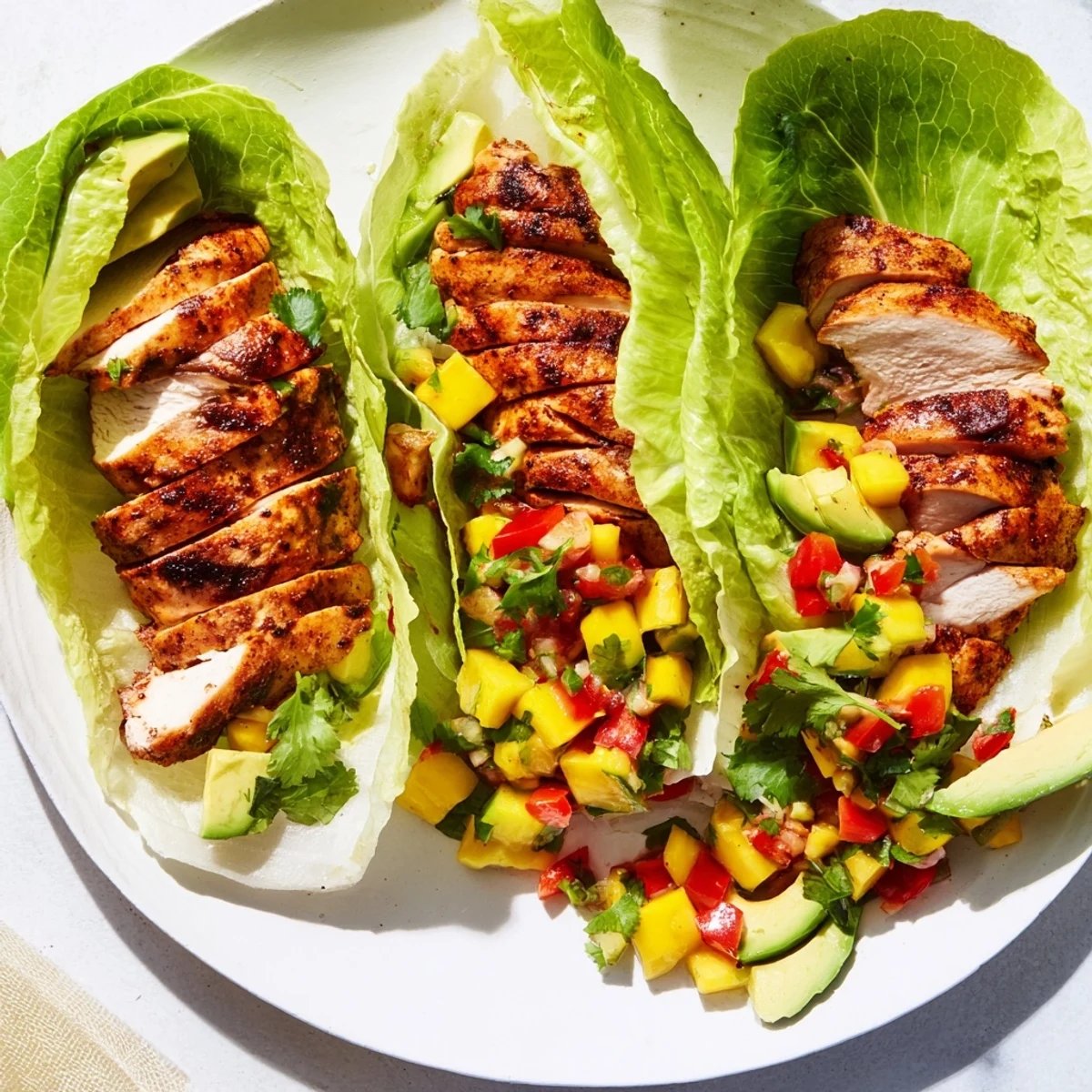 Delectable close-up of Chicken and Mango Salsa Lettuce Wraps, ready for a healthy and satisfying meal.