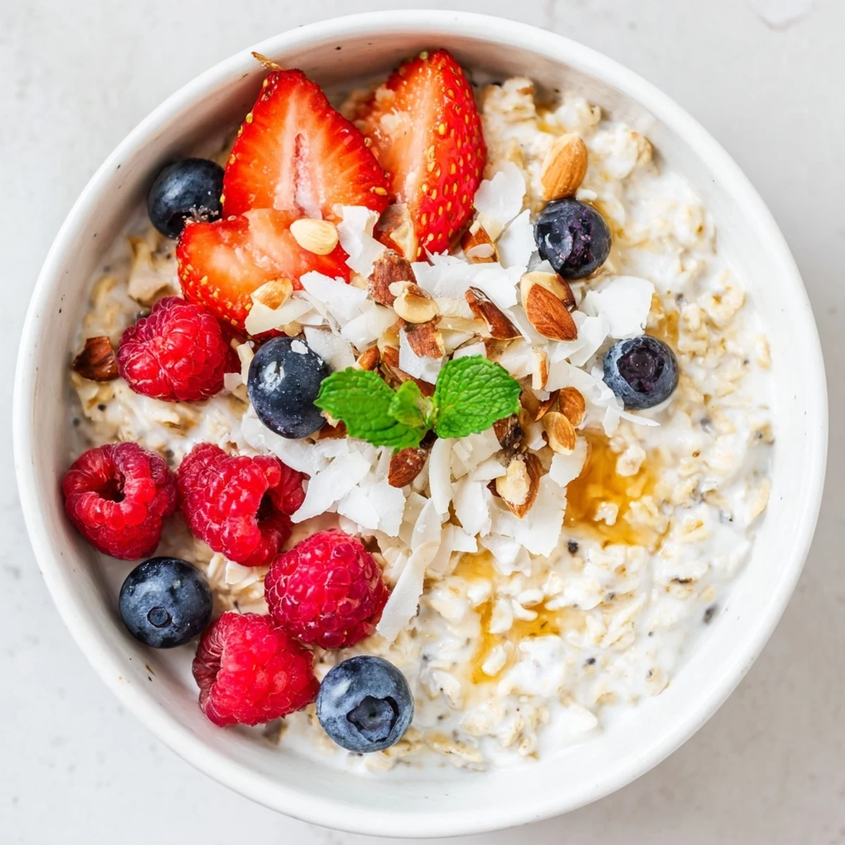 Chilled overnight oats with berries and honey topped with a swirl of golden sweetness and fresh fruit.