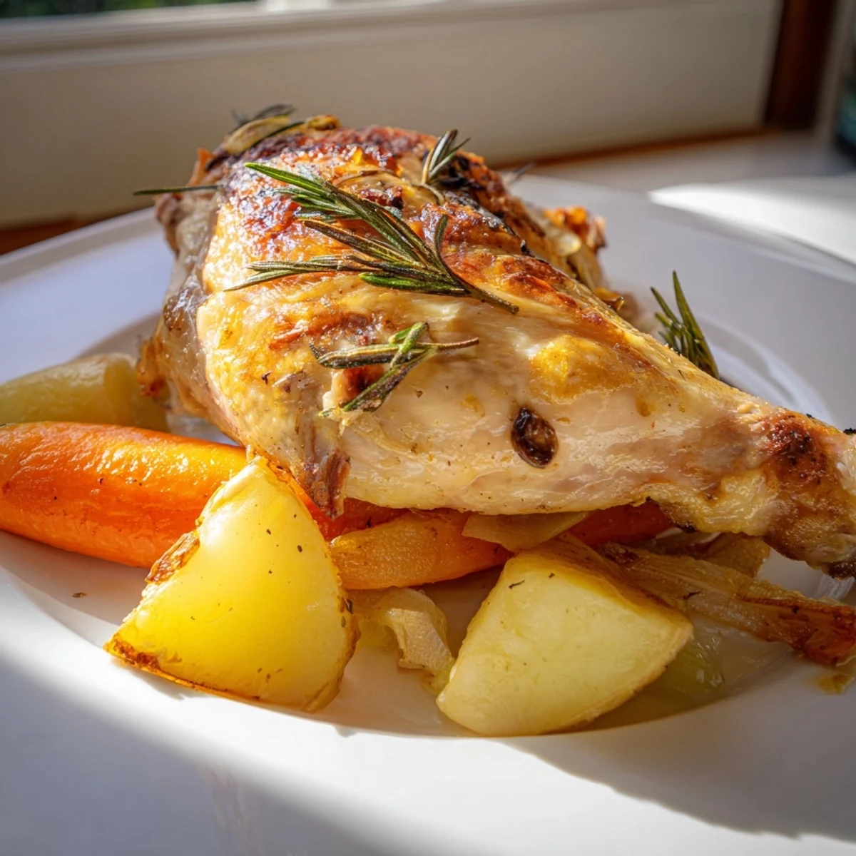 Golden brown Roast Chicken with Rosemary and Garlic, ready to carve and serve for dinner.