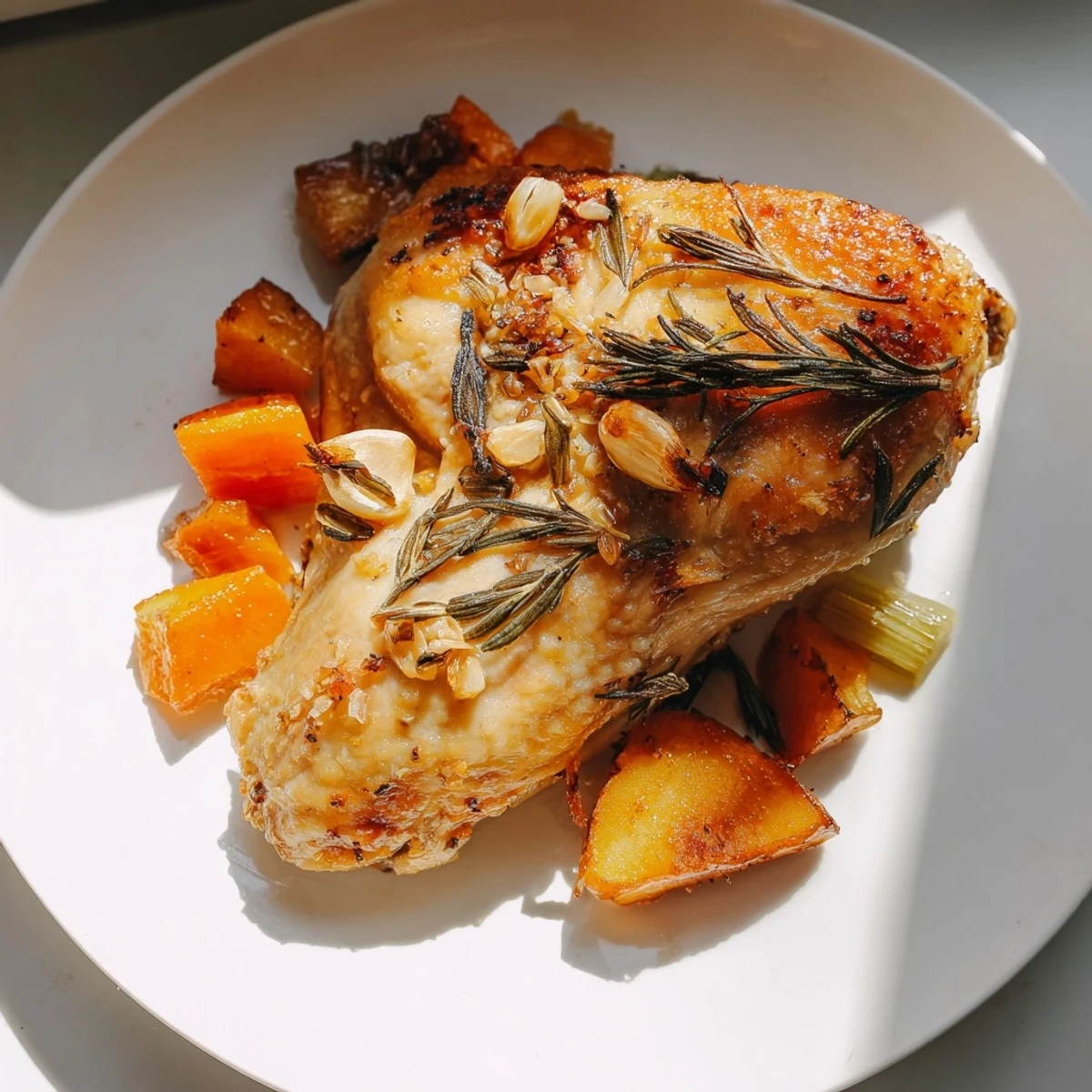 Juicy Roast Chicken with Rosemary and Garlic, surrounded by roasted vegetables, a comforting meal.