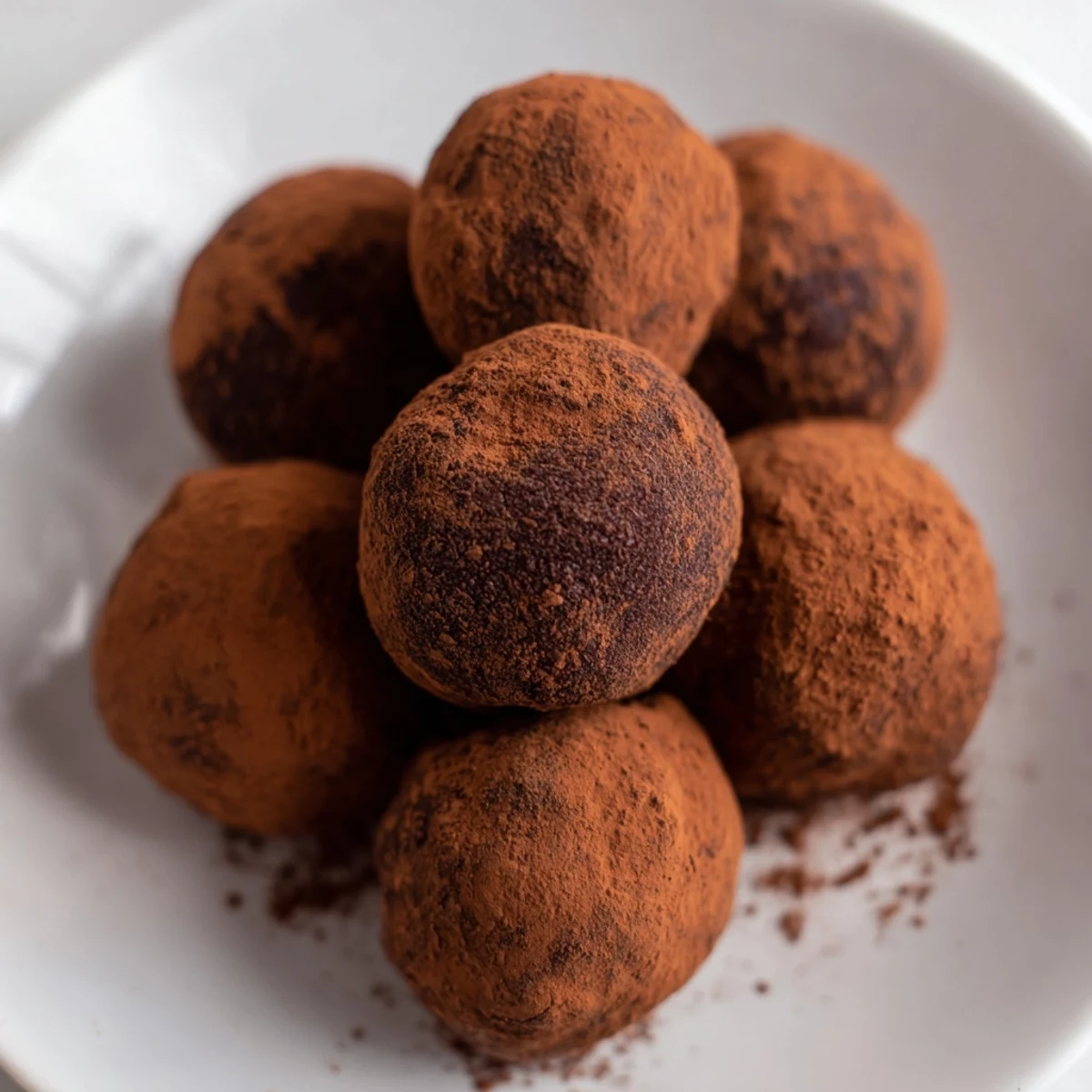 Dark chocolate truffles glistening with cocoa powder, promising a rich, decadent treat.