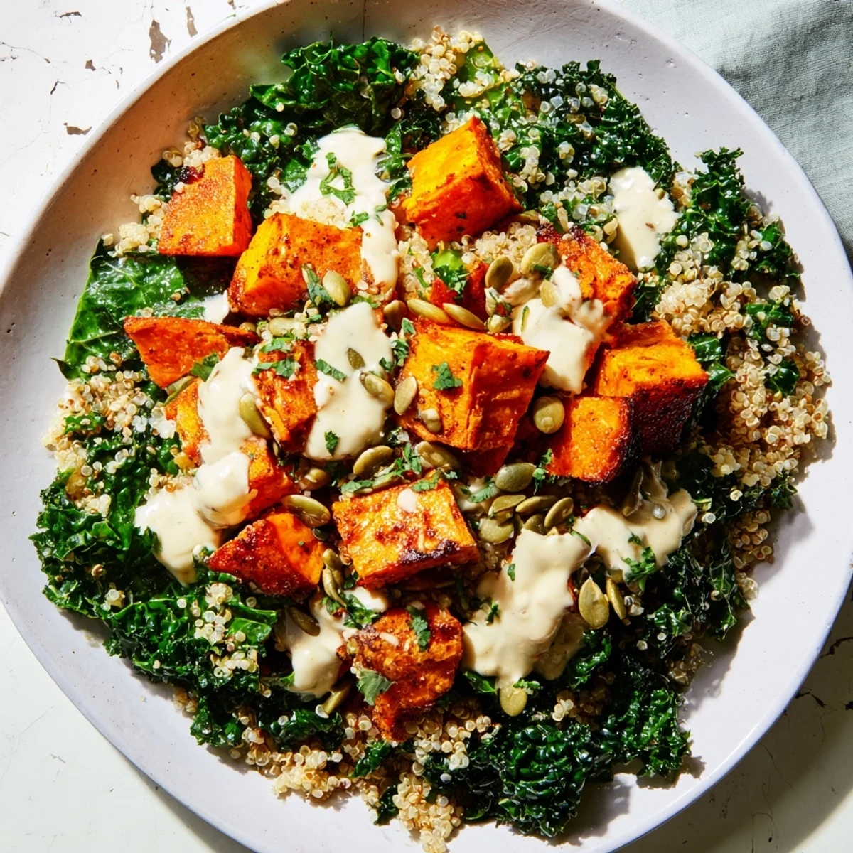 Fresh Light Coastal Bowl: A colorful quinoa bowl with roasted sweet potatoes, kale, and creamy tahini dressing.