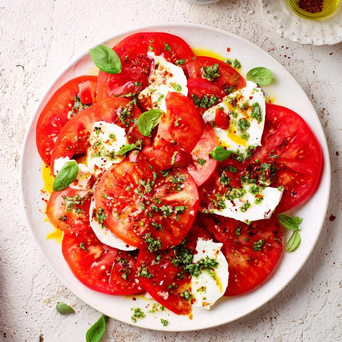 Vibrant Caprese salad with lush basil vinaigrette and colorful tomatoes ready for serving.