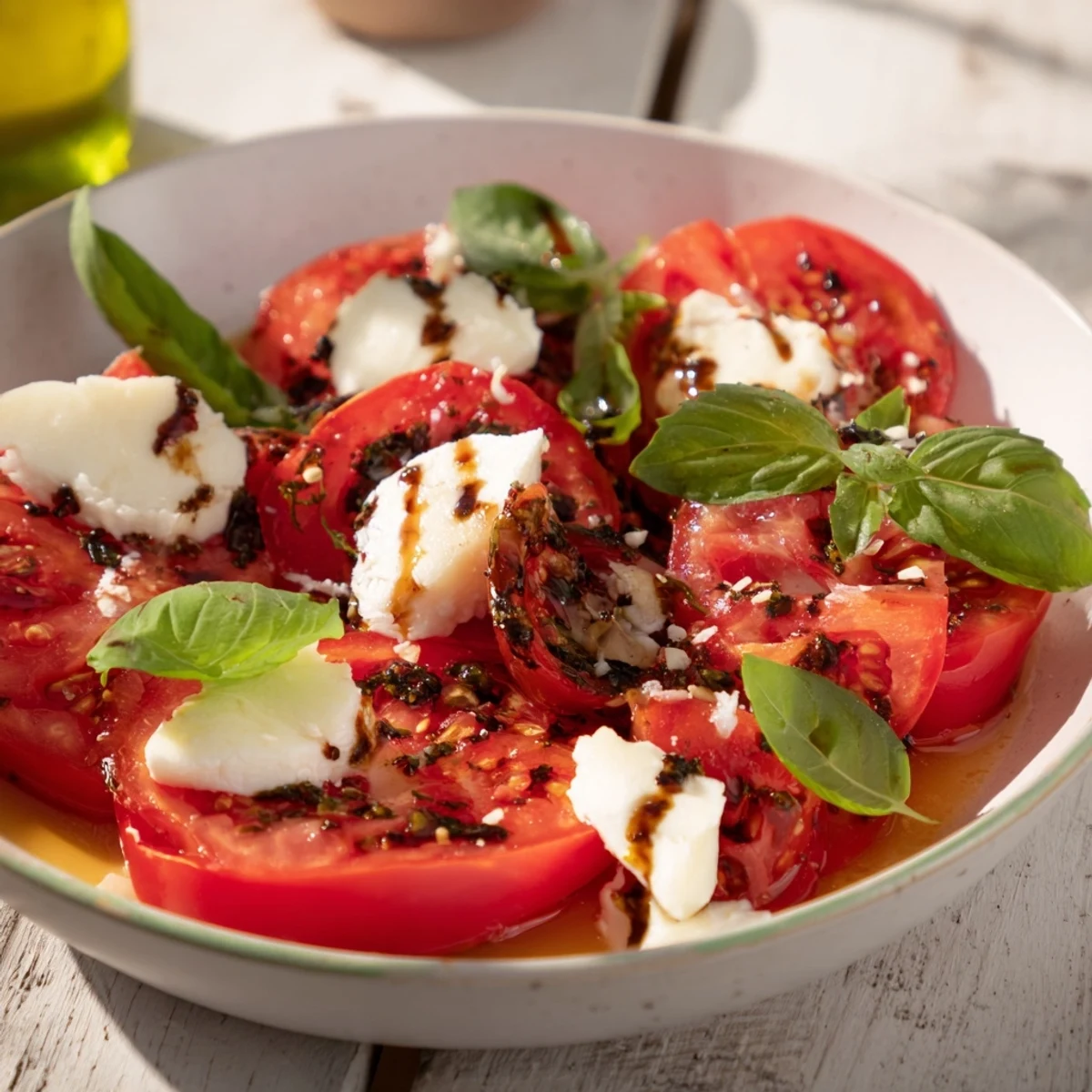 A plate of Caprese salad with a vivid basil dressing, perfect as a light, refreshing summer starter.