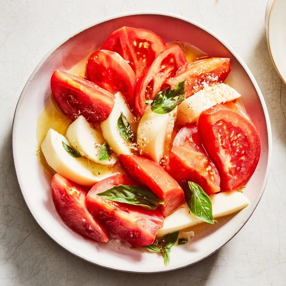 Fresh Caprese salad drizzled with bright basil vinaigrette, showcasing creamy mozzarella and juicy tomatoes.