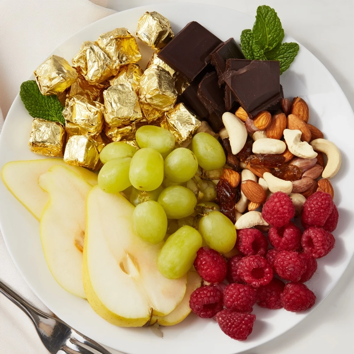 A colorful New Years Gold Foil Wrapped Chocolate Board, overflowing with fruits and shiny wrapped treats.