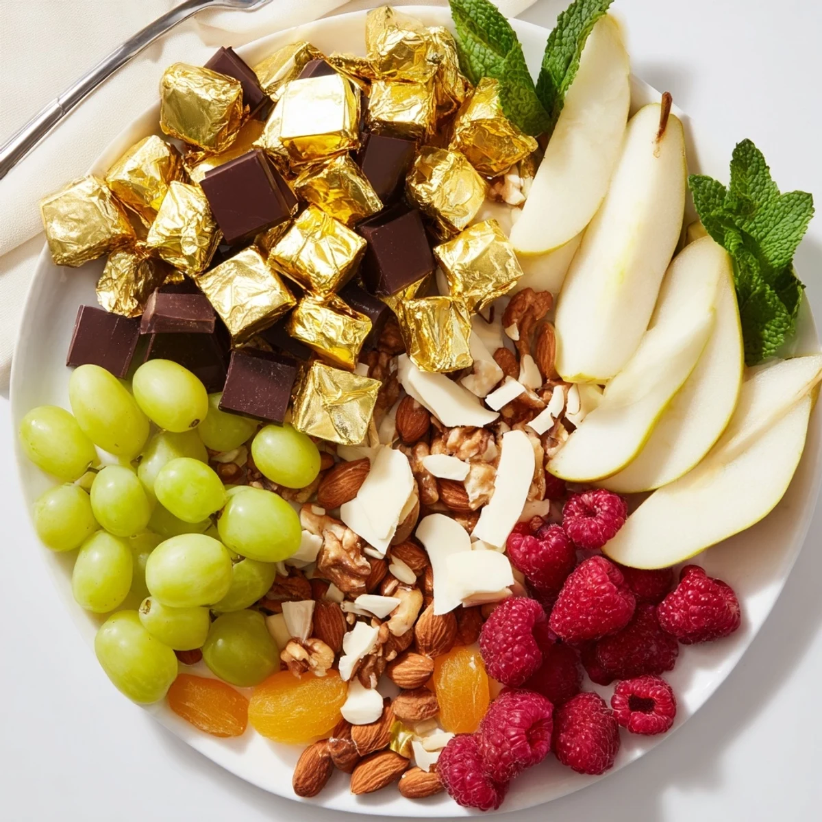 Golden foil covered truffles and luscious fruit displayed beautifully on this New Years Gold Foil Wrapped Chocolate Board.