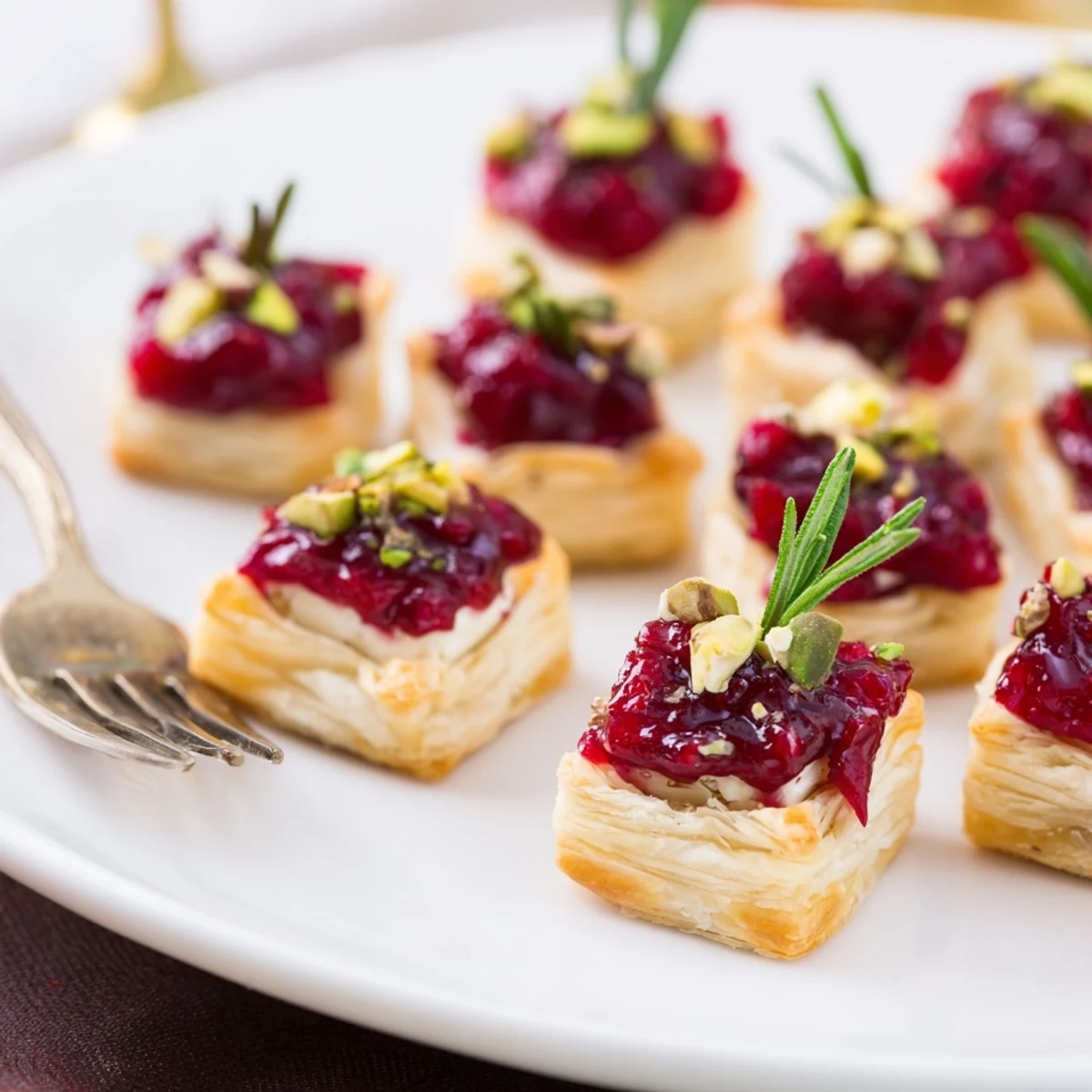A close-up view of the delicious Mini Cranberry Brie Tart Wreath showcasing its festive, holiday-ready presentation.