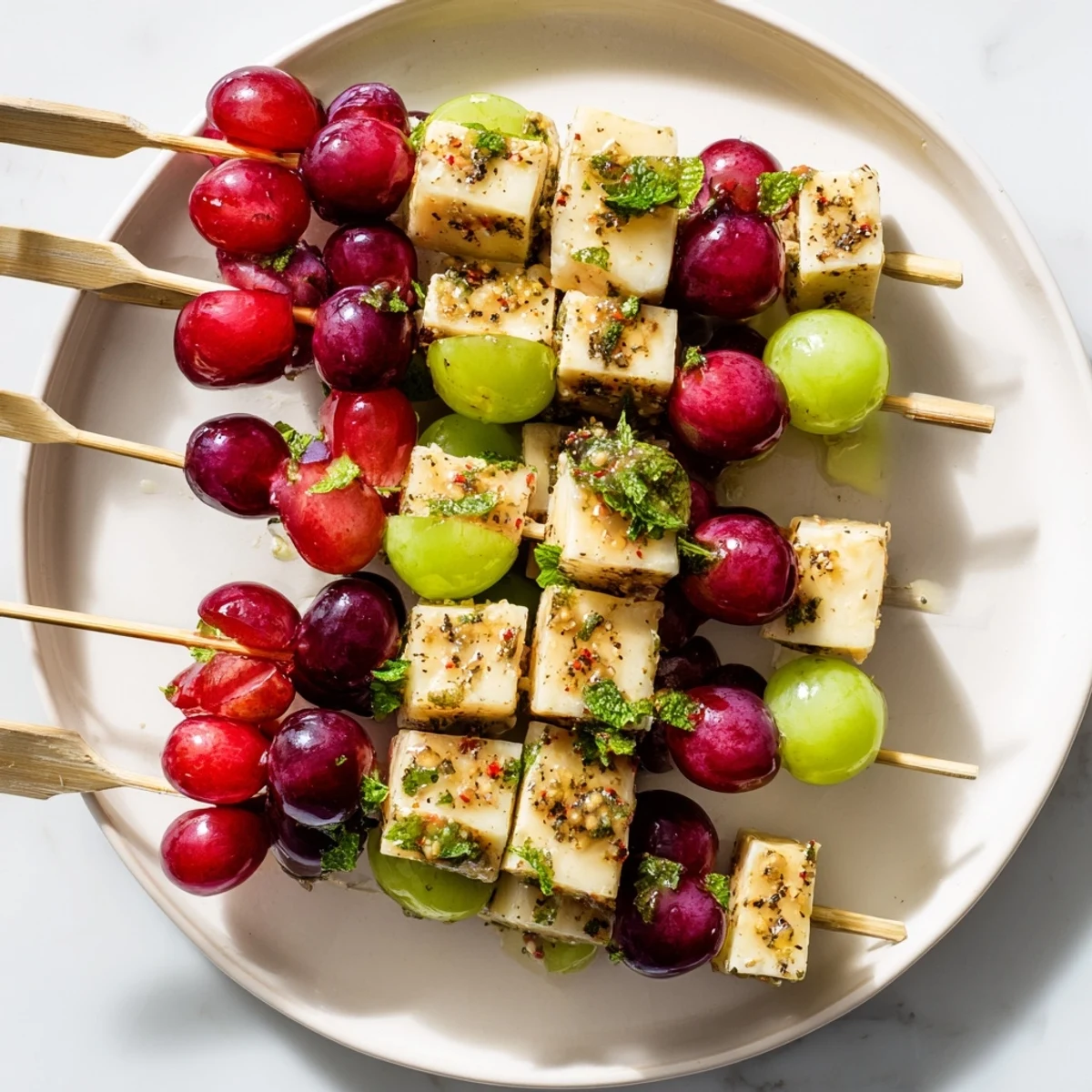 Sparkling Grape and Cheese Skewers arranged on a platter ready to be drizzled with a honey-sparkling wine glaze.