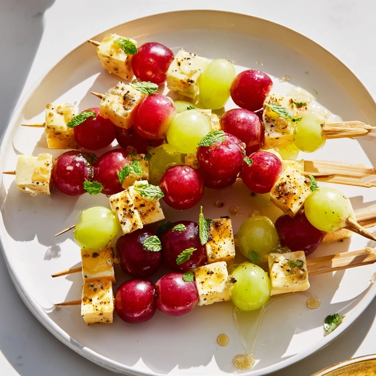 Fresh, colorful Sparkling Grape and Cheese Skewers, a delightful appetizer with grapes, cheese, and a bubbly finish.