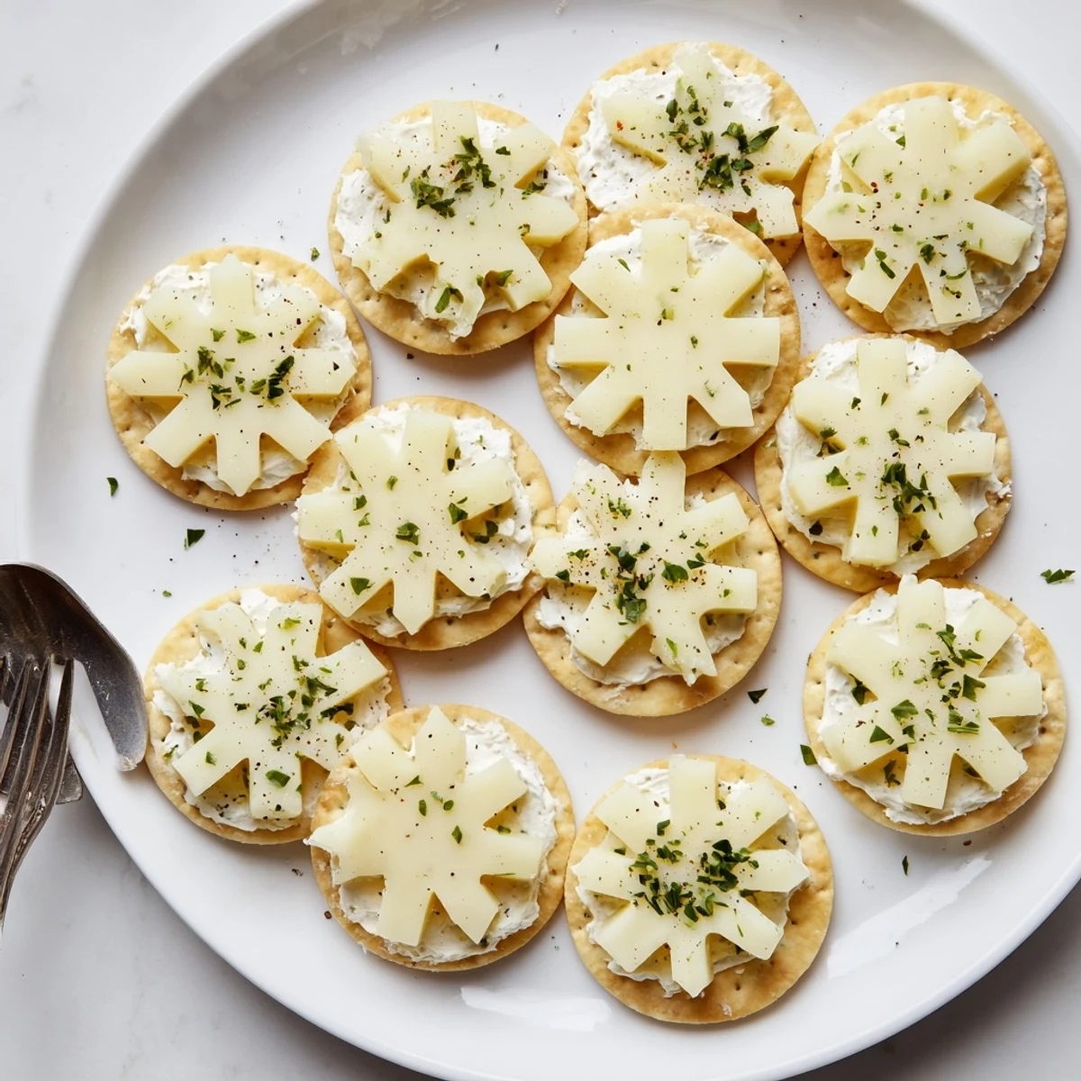 Close-up shot shows Savory Bites: Cracker and Cheese Snowflake Design with fresh herbs scattered on top.