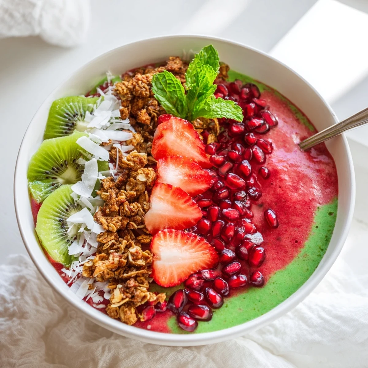 Vibrant, layered Festive Red and Green Smoothie Bowls, perfect for a refreshing and colorful brunch.