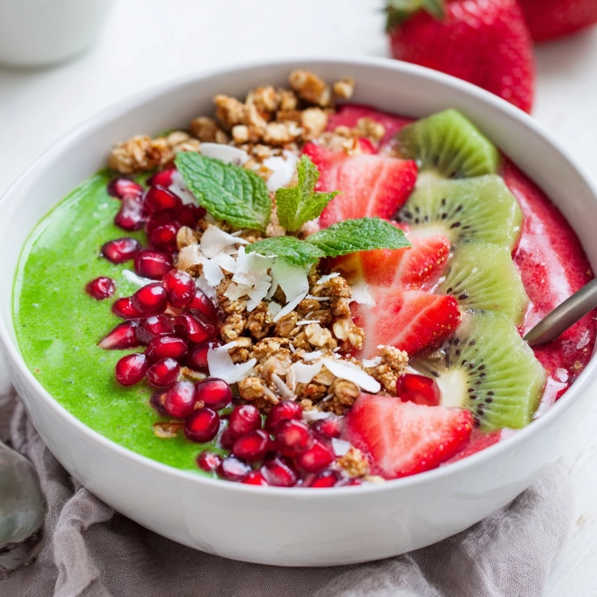 A close-up of a bright, festive Festive Red and Green Smoothie Bowl with colorful fruit toppings.