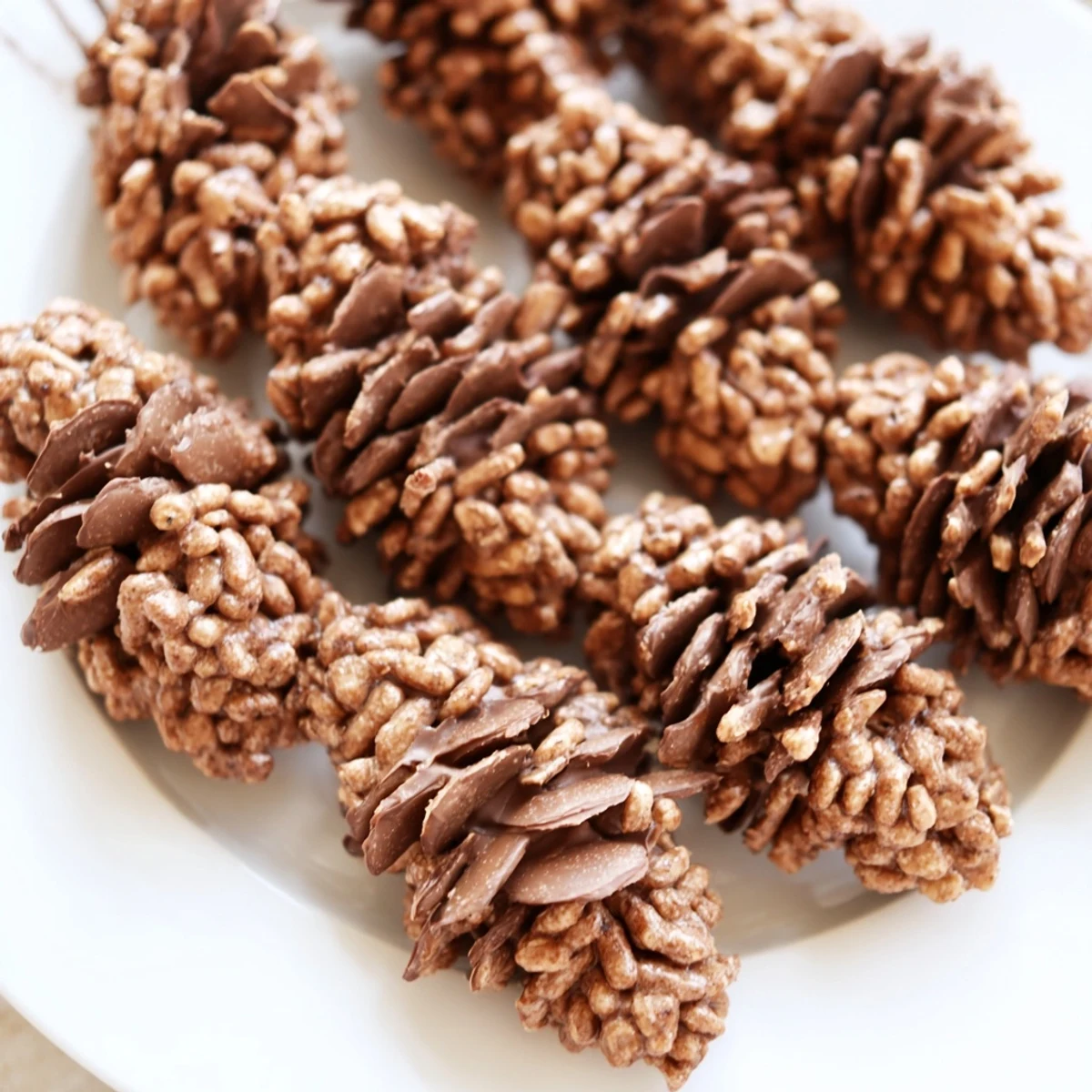 Pinecone-shaped nut butter snacks ready to serve, coated in cocoa-flavored cereal for a festive treat.