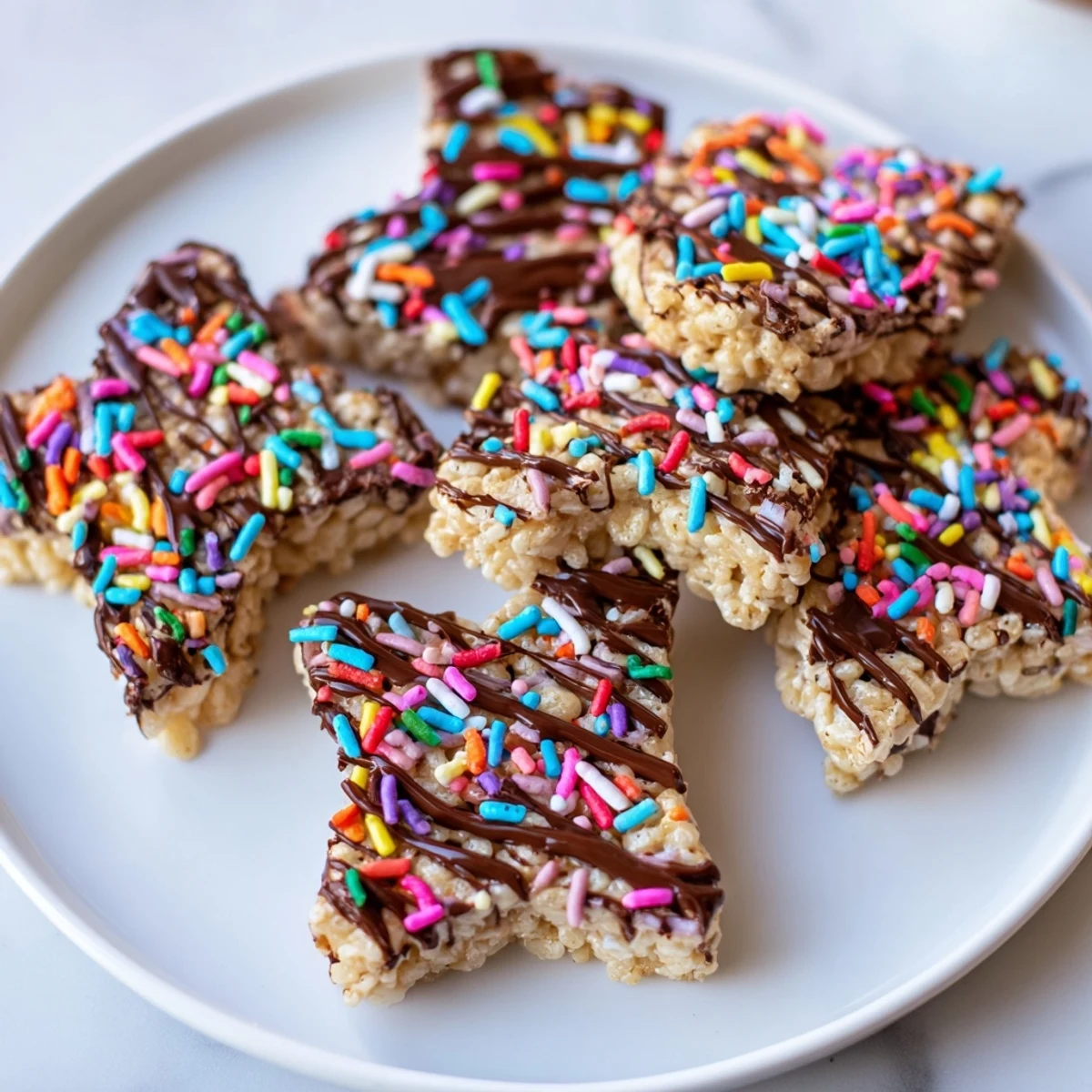 Warm, golden Cookie Cutter Shaped Rice Krispies Treats, ready to decorate with colorful sprinkles and chocolate.