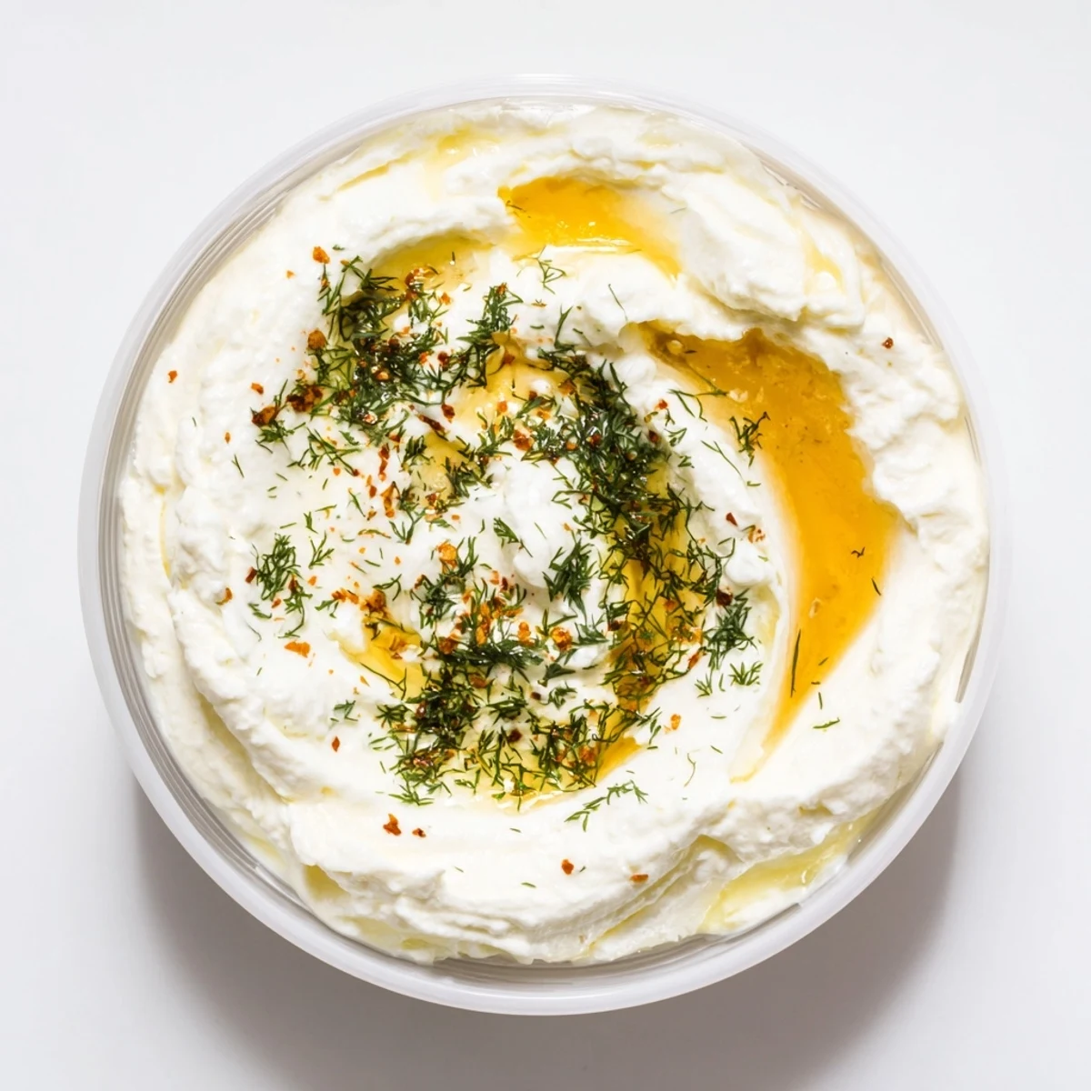 A close-up of creamy, honey-drizzled Angel Wings Whipped Feta Dip ready for dipping pita chips.