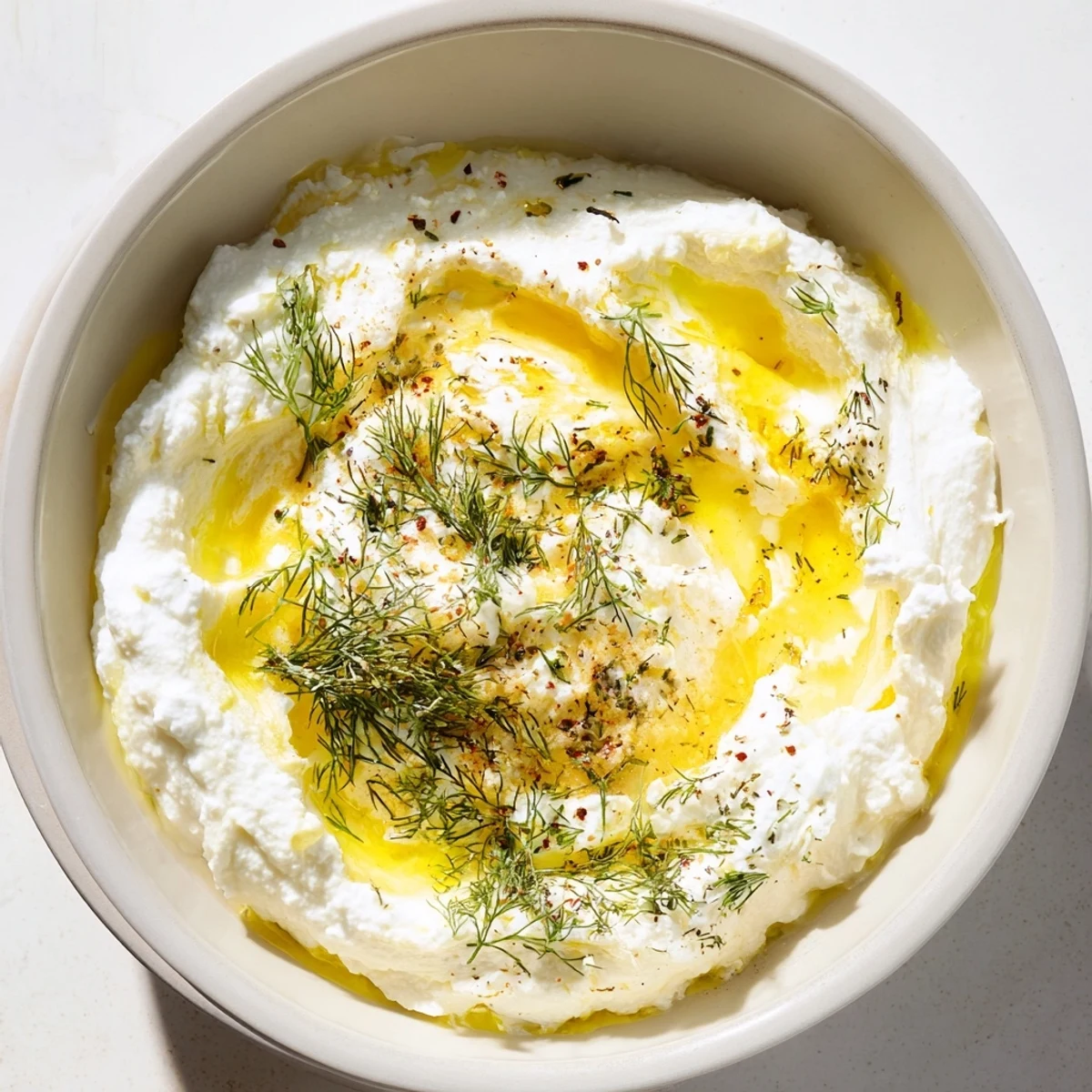 Golden honey cascades over the smooth Angel Wings Whipped Feta Dip, sprinkled with fresh herbs.