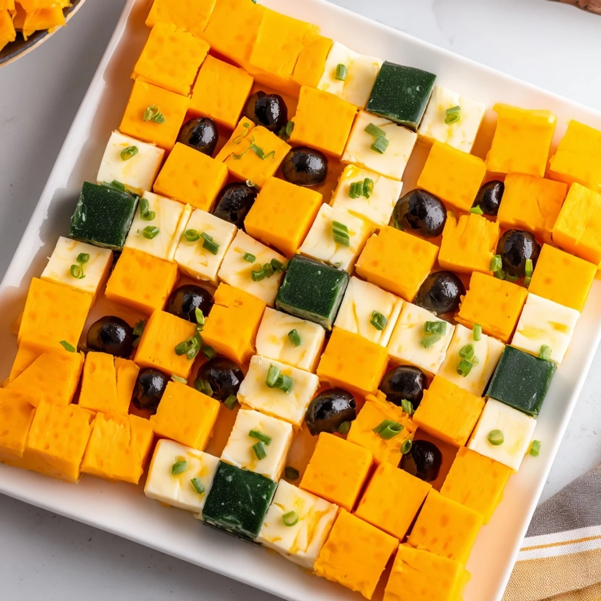 Vibrant Cheese and Olive Chess Board appetizer arranged for a visually stunning party snack presentation.