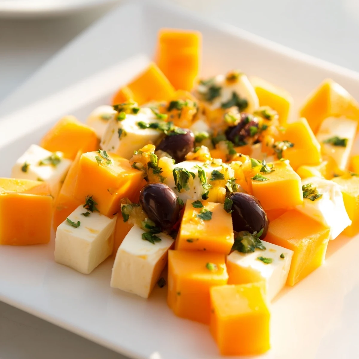 Savory Cheese and Olive Chess Board: close-up showing the checkerboard pattern with fresh parsley.