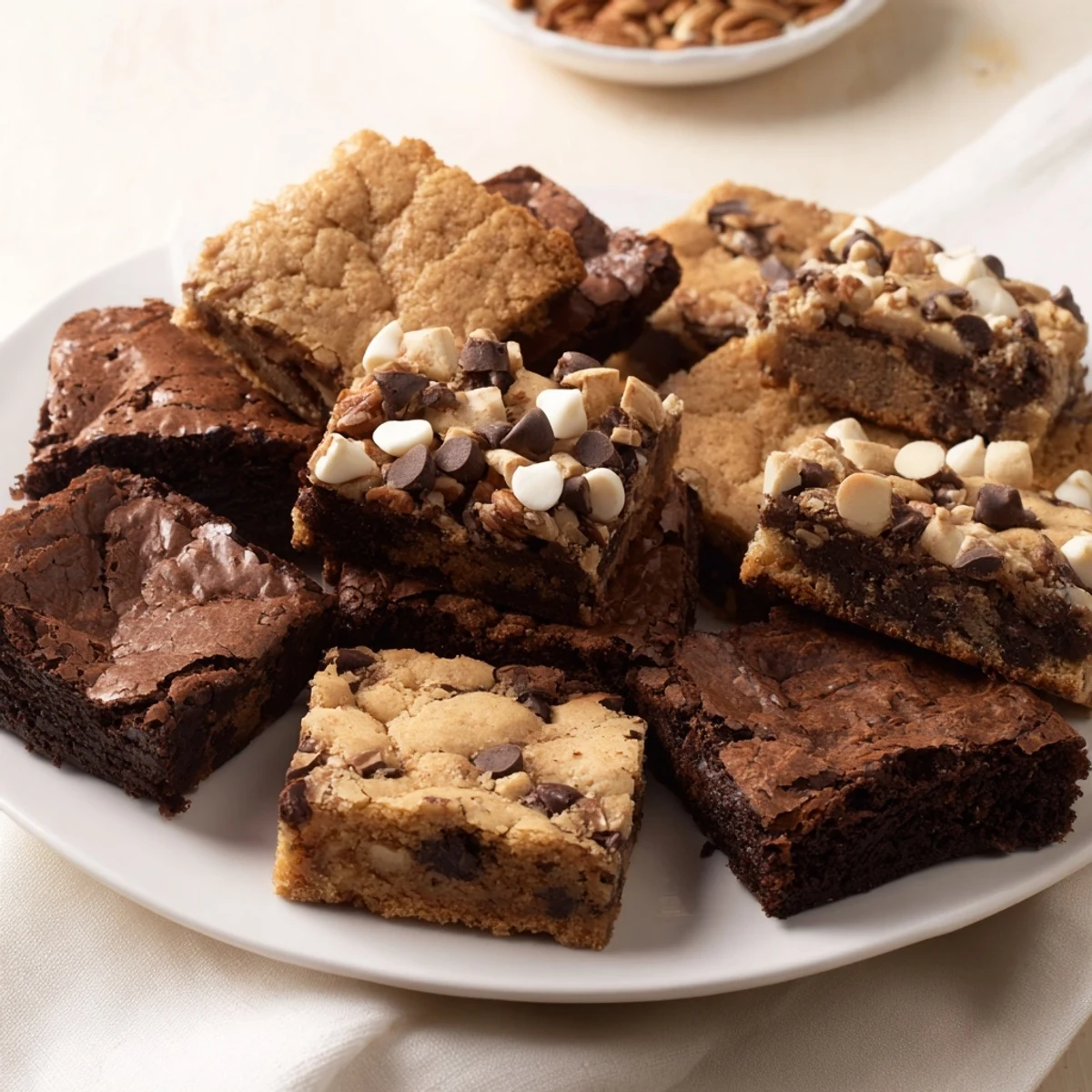 Perfect for sharing, a beautifully arranged dessert platter of brownie and blondie squares offers diverse flavors.