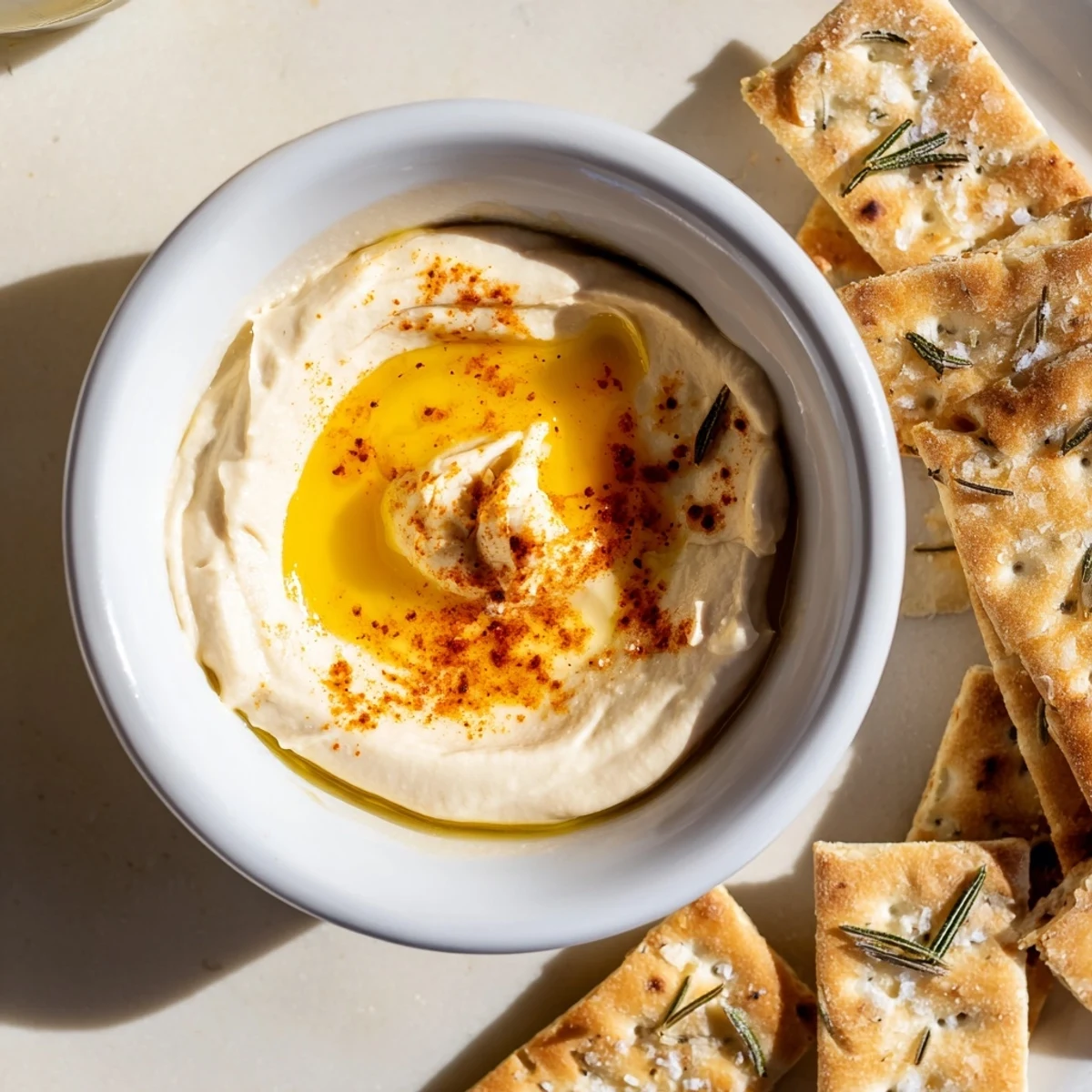 Golden, crispy Holiday Crackers: Rosemary Cracker and Hummus Duo with creamy hummus ready to eat.