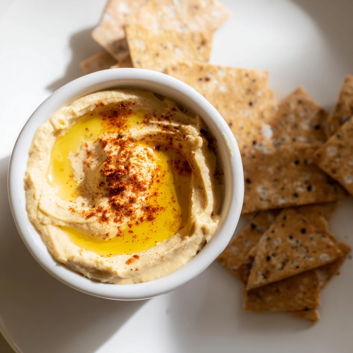 A vibrant close-up displays the Holiday Crackers: Rosemary Cracker and Hummus Duo with a drizzle of olive oil.