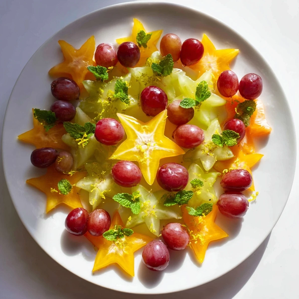 Fresh sliced starfruit and grapes: Easy garnish, showcasing vibrant colors, ready for brunch enjoyment.