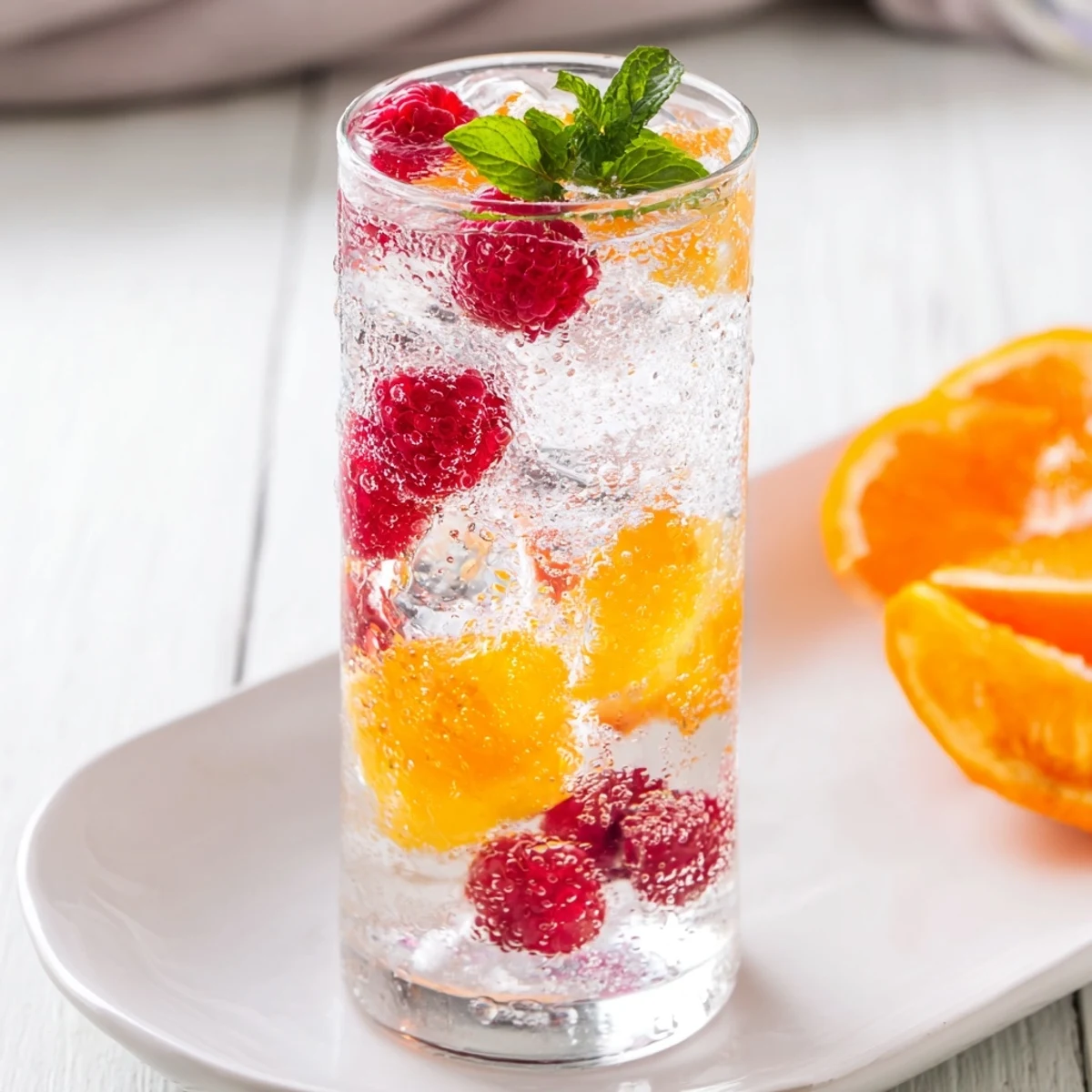 Enjoy sweet, juicy raspberries with your Sparkling Juice in elegant glasses, perfect for celebration.