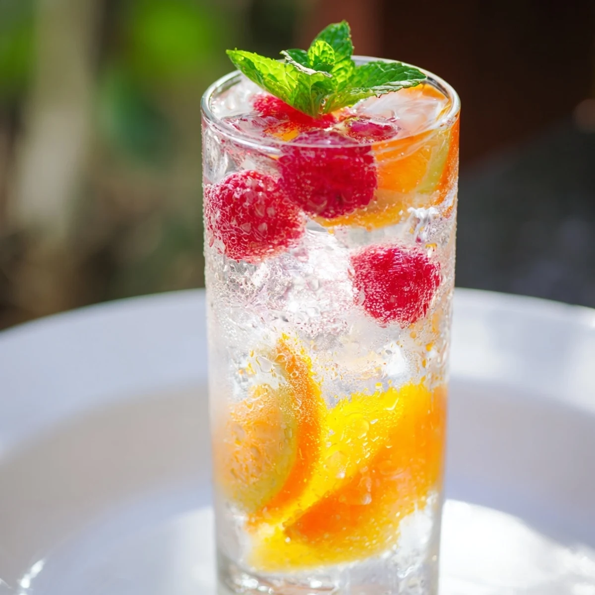 A pitcher of Sparkling Juice, garnished with mint and orange, bursting with delicious ruby raspberries.