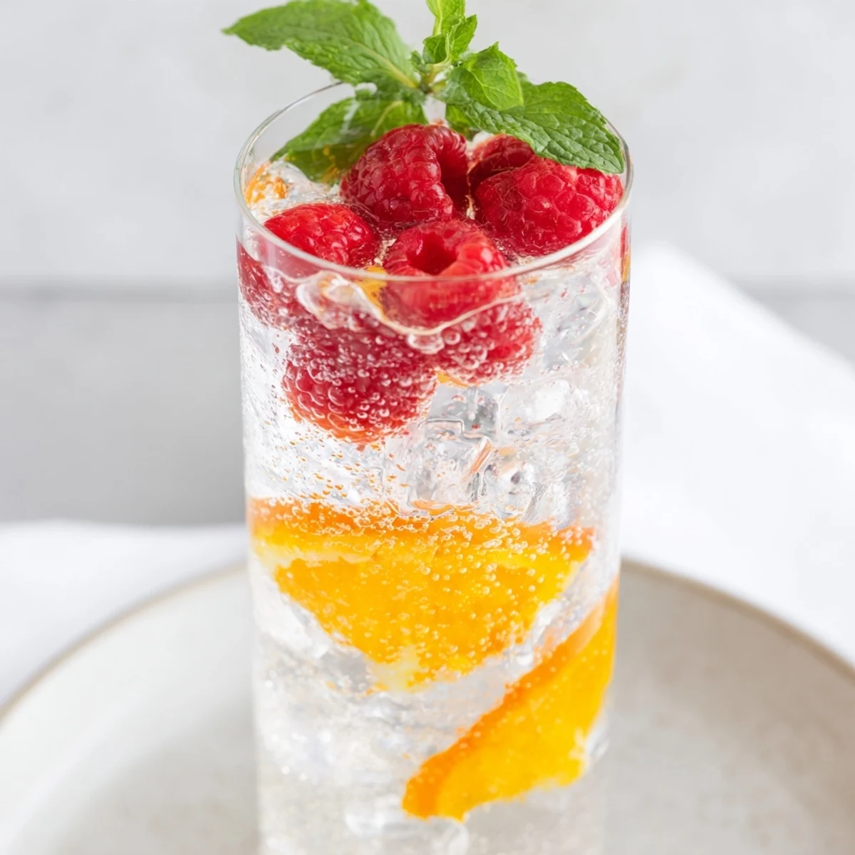 Vibrant red raspberries float in bubbly Sparkling Juice, a refreshing beverage for any party.