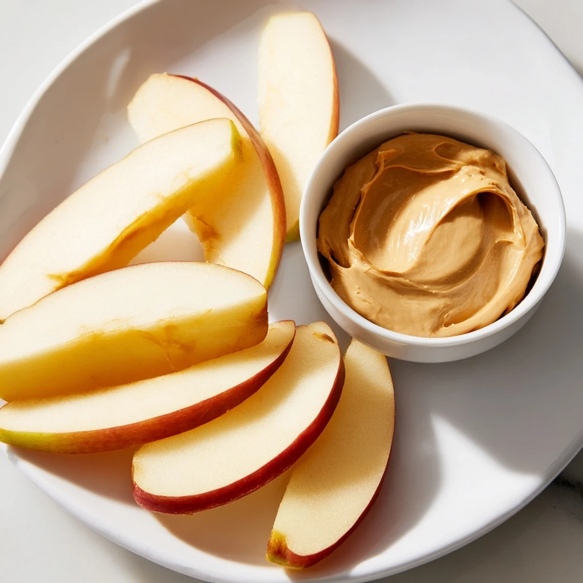 Crisp apple slices and peanut butter dip ready for dipping, a healthy snack.