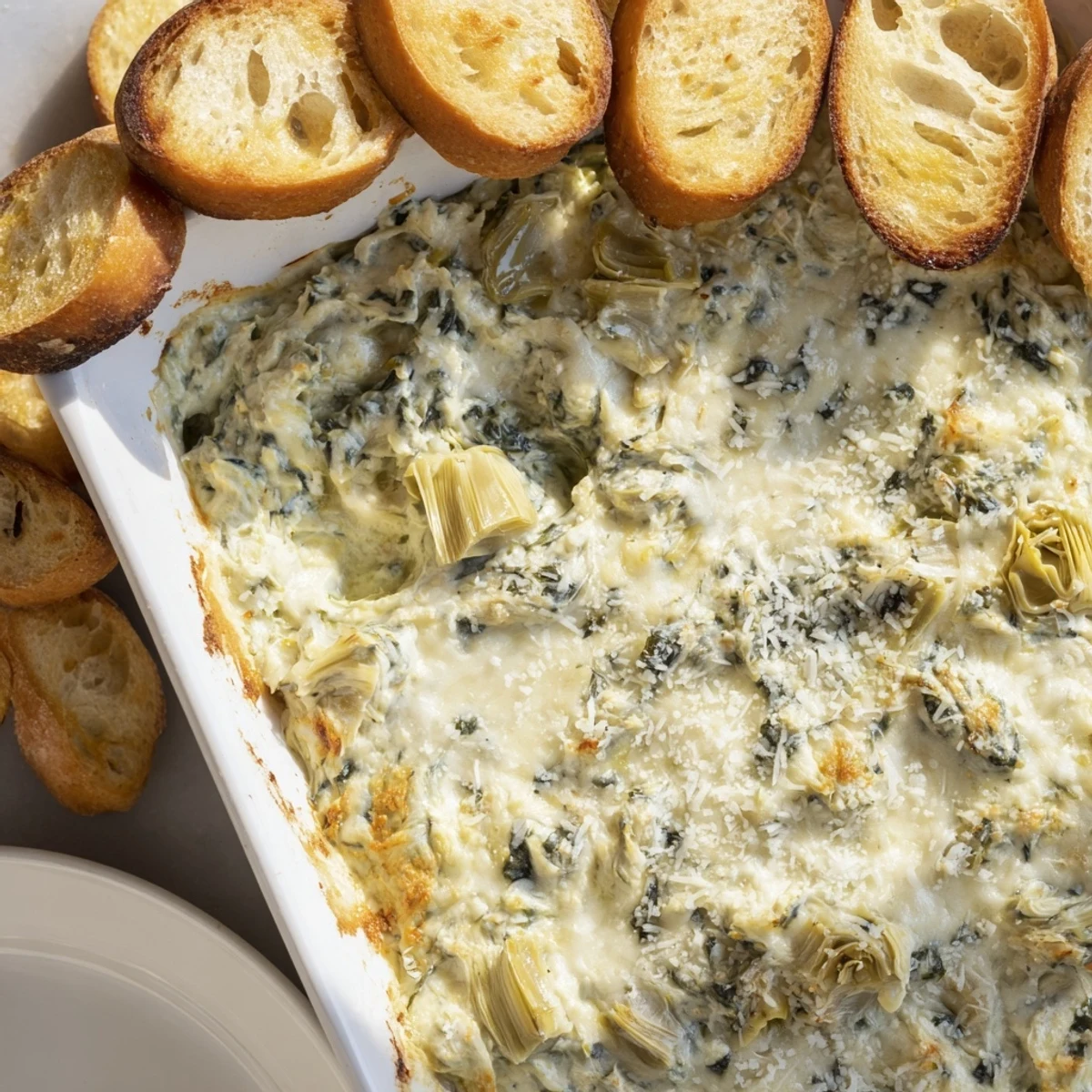 Spinach artichoke dip, warm and bubbly, served with crispy, golden baguette slices, perfect appetizer.