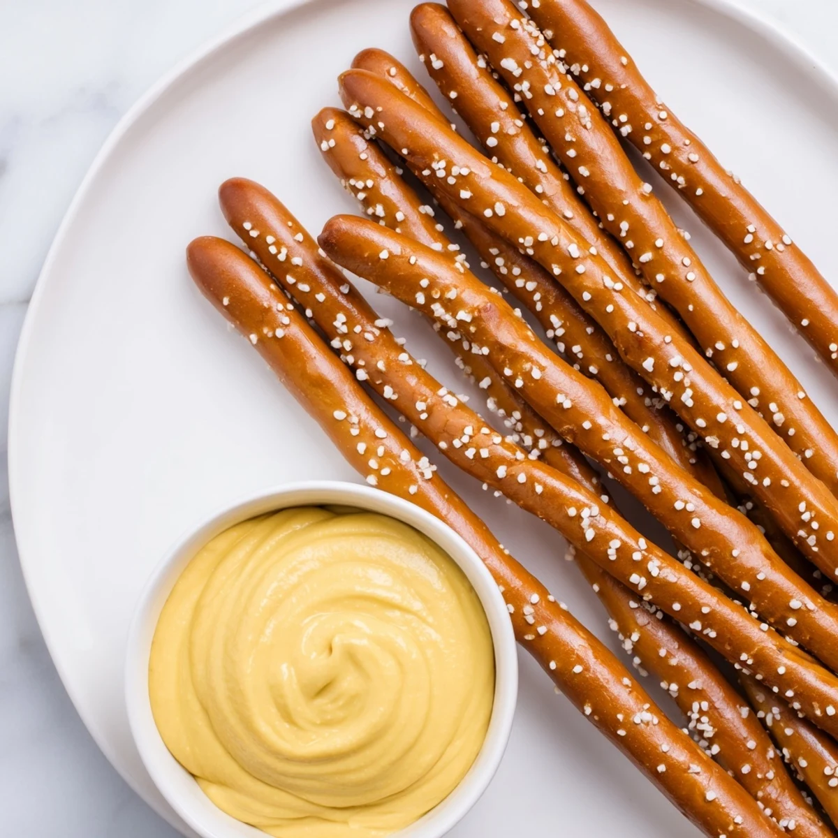 Crispy pretzel rods ready to dip, served with a vibrant yellow hot mustard dip.